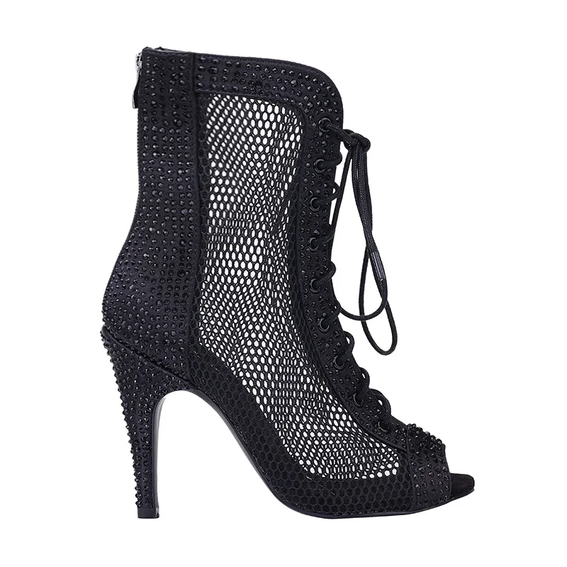 Maven - Rhinestone Black Open Toe Lace Up Bootie With Fishnet Mesh Dance Heels Dance Shoes