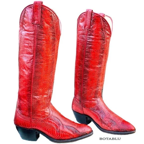 DAN POST Vintage Red Snakeskin Python Tall Knee High Cowgirl Cowboy Western Boots