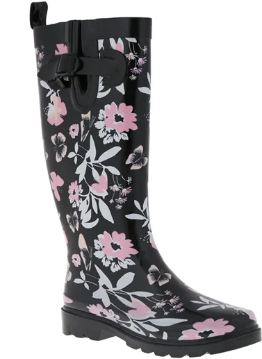 Ladies Butterfly Floral Tall Rubber Rain Boot