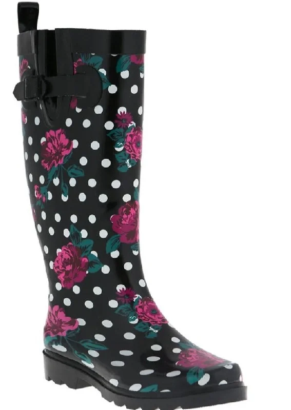 Ladies Floral Dots Tall Rubber Rain Boot