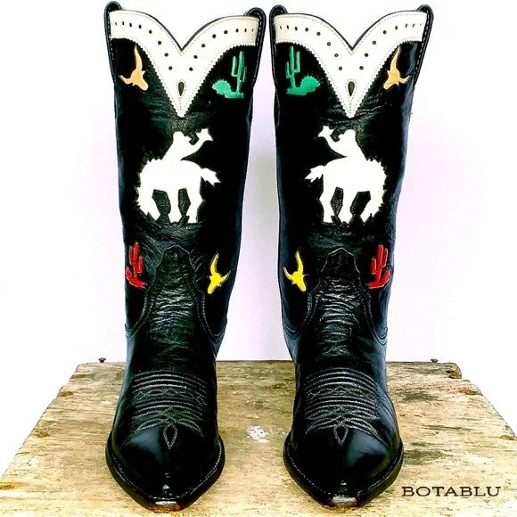 LARRY MAHAN Vintage Rodeo Cactus Black Rockabilly Cowgirl Cowboy Western Boots