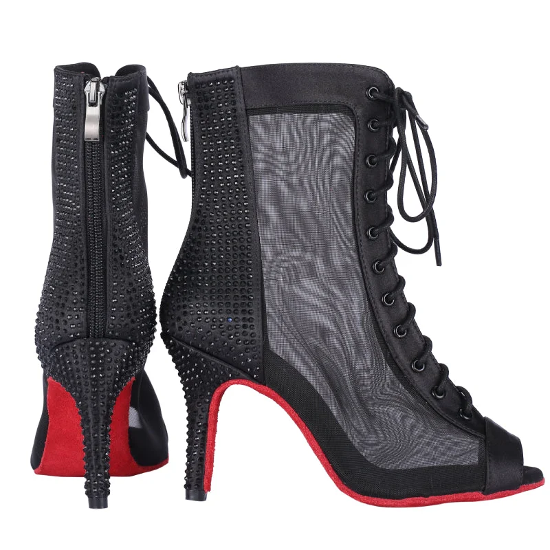 Queen- Red Bottom Open Toe Lace Up Bootie with Rhinestone Stiletto Dance Heels Dance Shoes