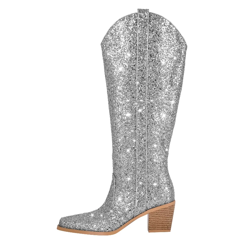 Glitter Chunky Heel Thigh High Boots