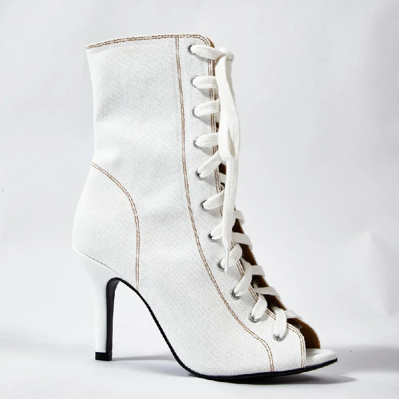 Skye - White Denim Open Toe Lace Up Bootie Stiletto Dance Heels Dance Shoes