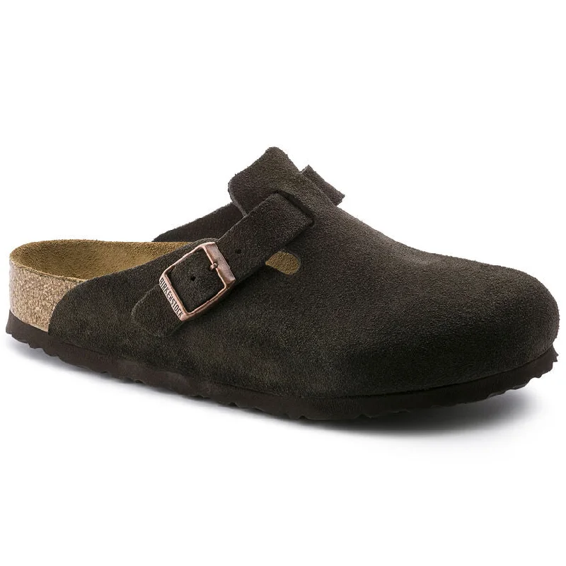 Boston Buckle Soft Footbed Mule in Mocha Suede